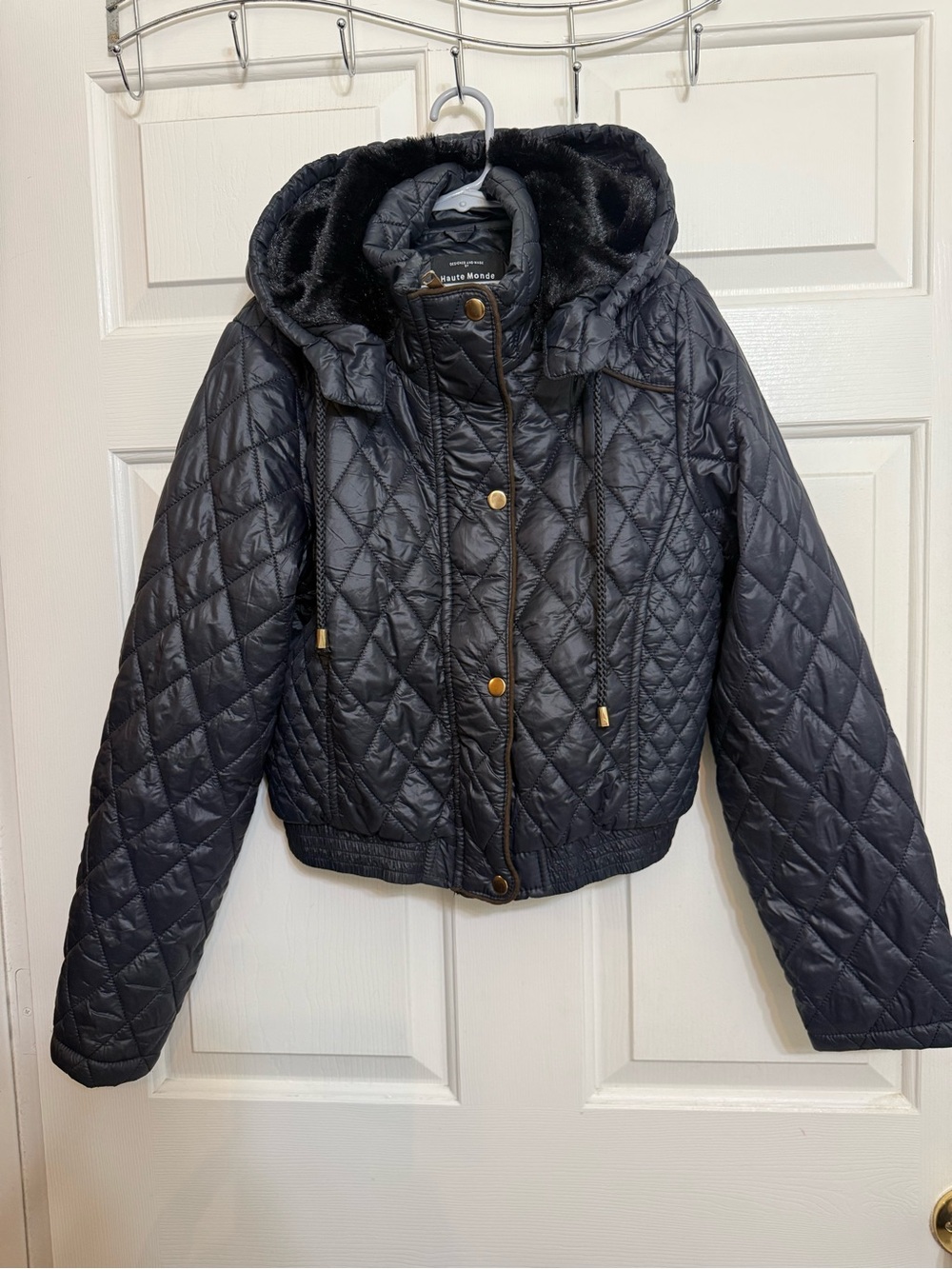 Haute Monde Black Quilted Hooded Puffer with Faux-Fur Trim